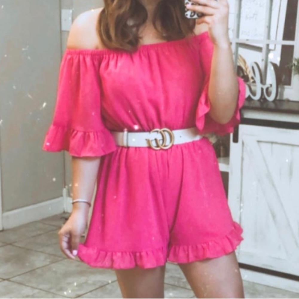 Hot pink off the shoulder ruffle romper